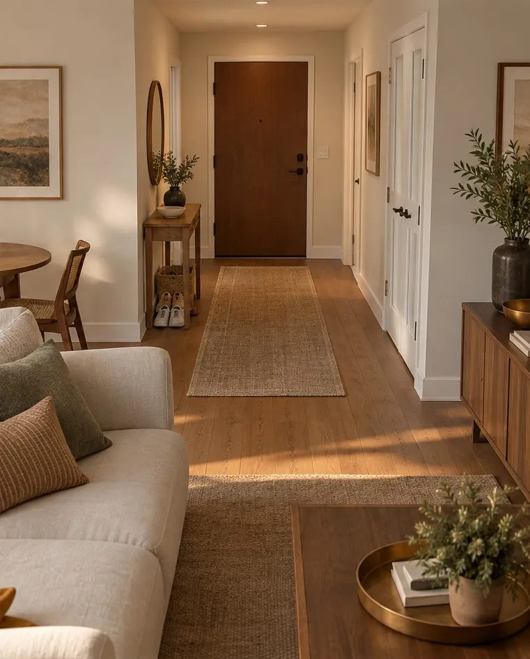 After: A slimmer console sits flush to the wall with the shoes on its shelf, and the path in is open to its full width.