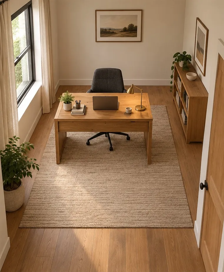 After: The desk is turned to face the room. The chair has the wall behind it and the door is in view.