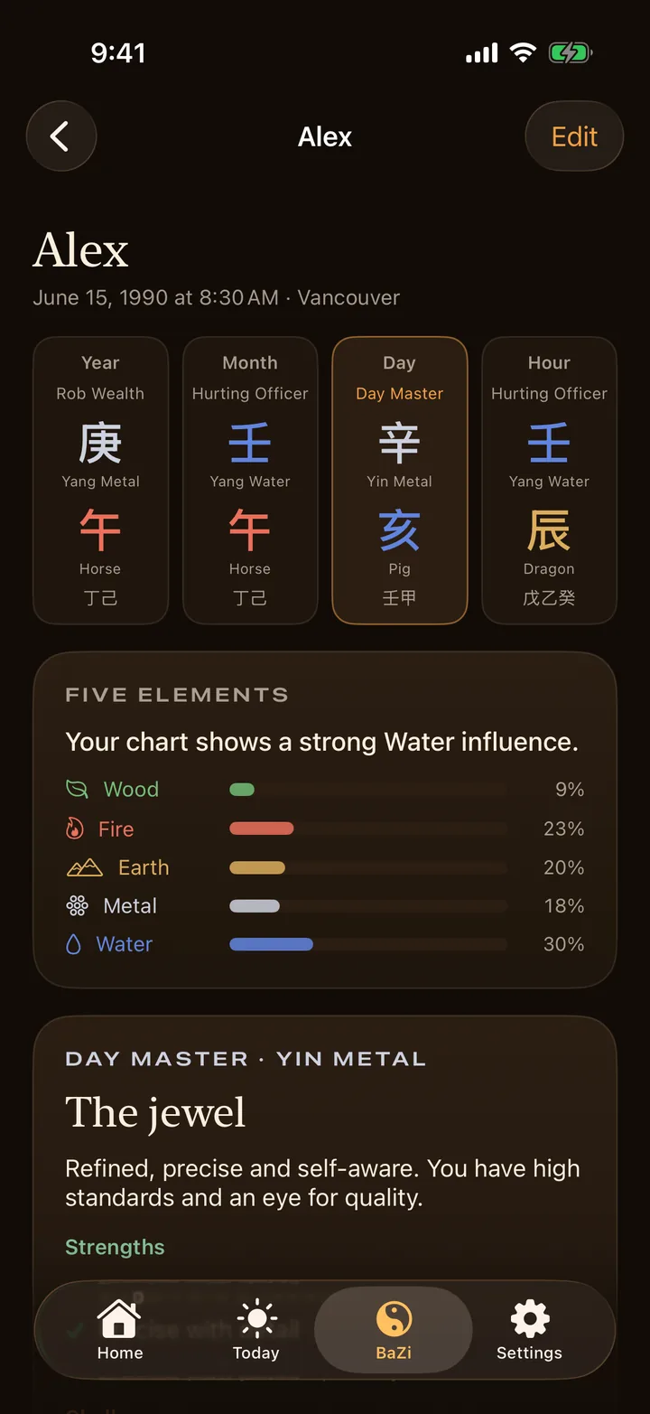 A Four Pillars chart in Feng Shui AR with the five-element balance