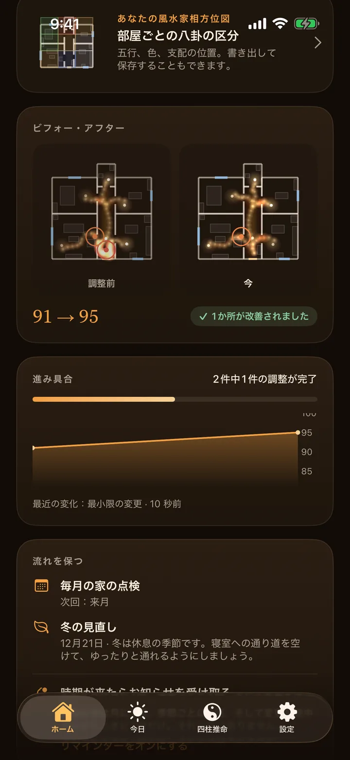 風水ARの調整前と調整後の間取り図。二か所を動かした後のスコアの変化