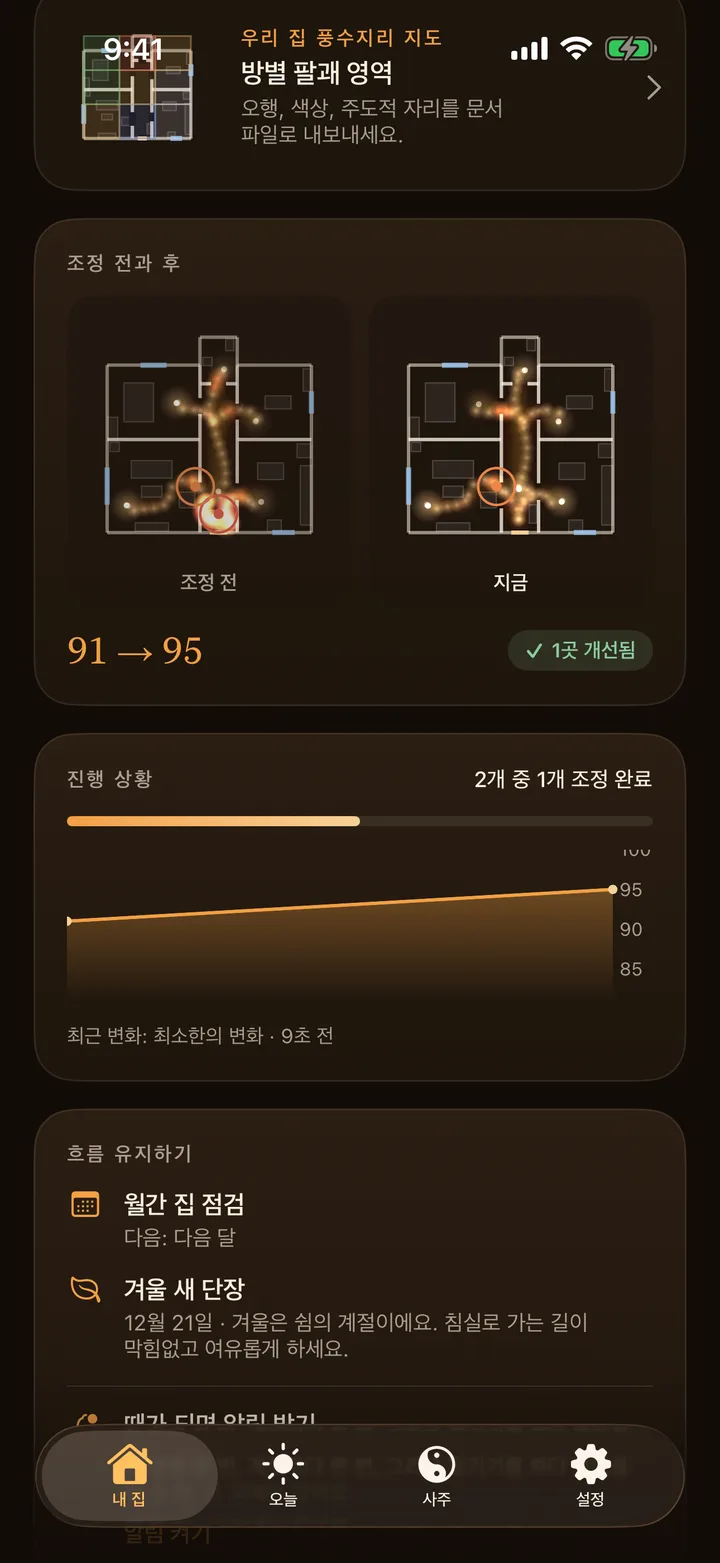 두 번 옮긴 뒤 점수 변화를 보여 주는 풍수AR의 전후 평면도