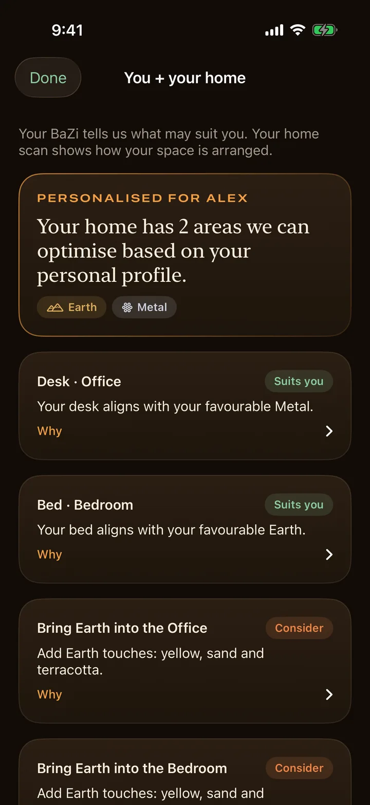 Feng Shui AR applying a BaZi profile to the bed and desk in a scanned home